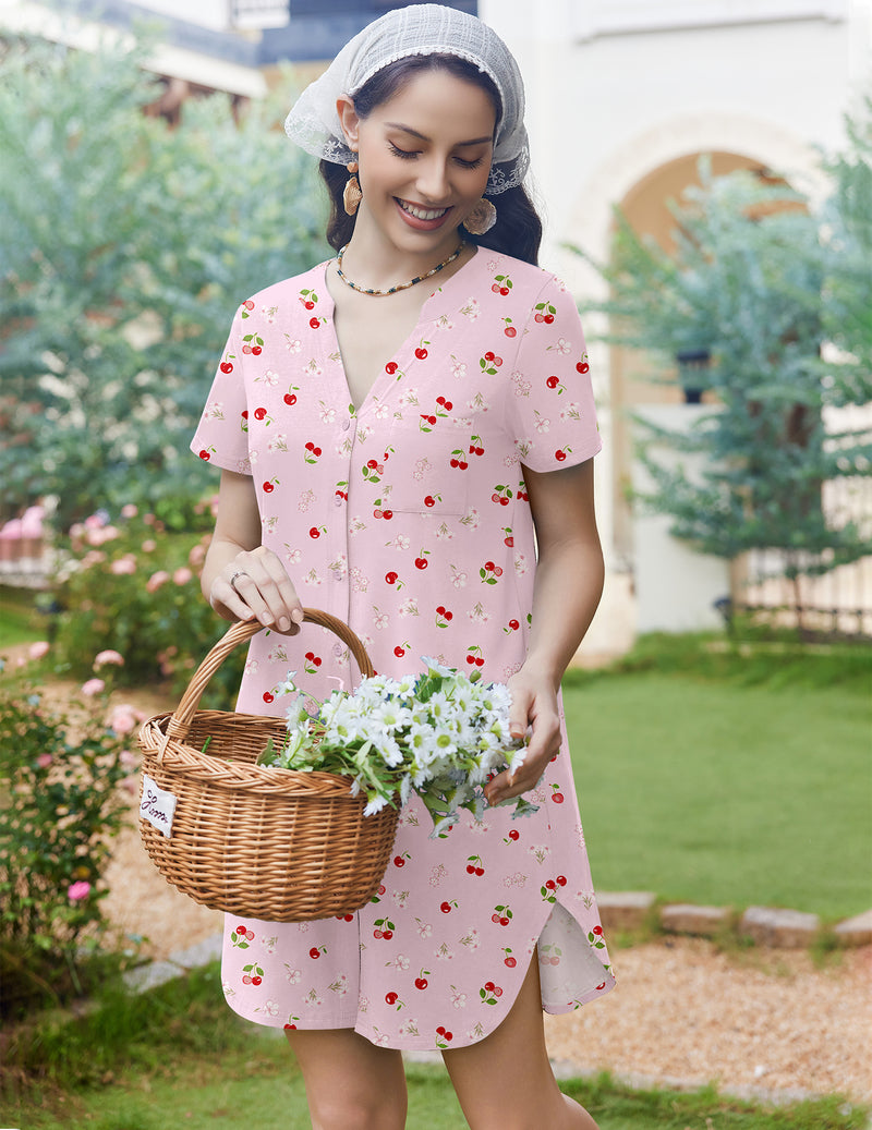 Cotton Sleep Shirt Short Sleeve Button Down Nightshirt Dress