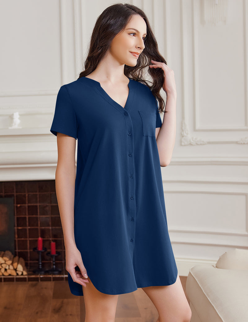 Cotton Sleep Shirt Short Sleeve Button Down Nightshirt Dress