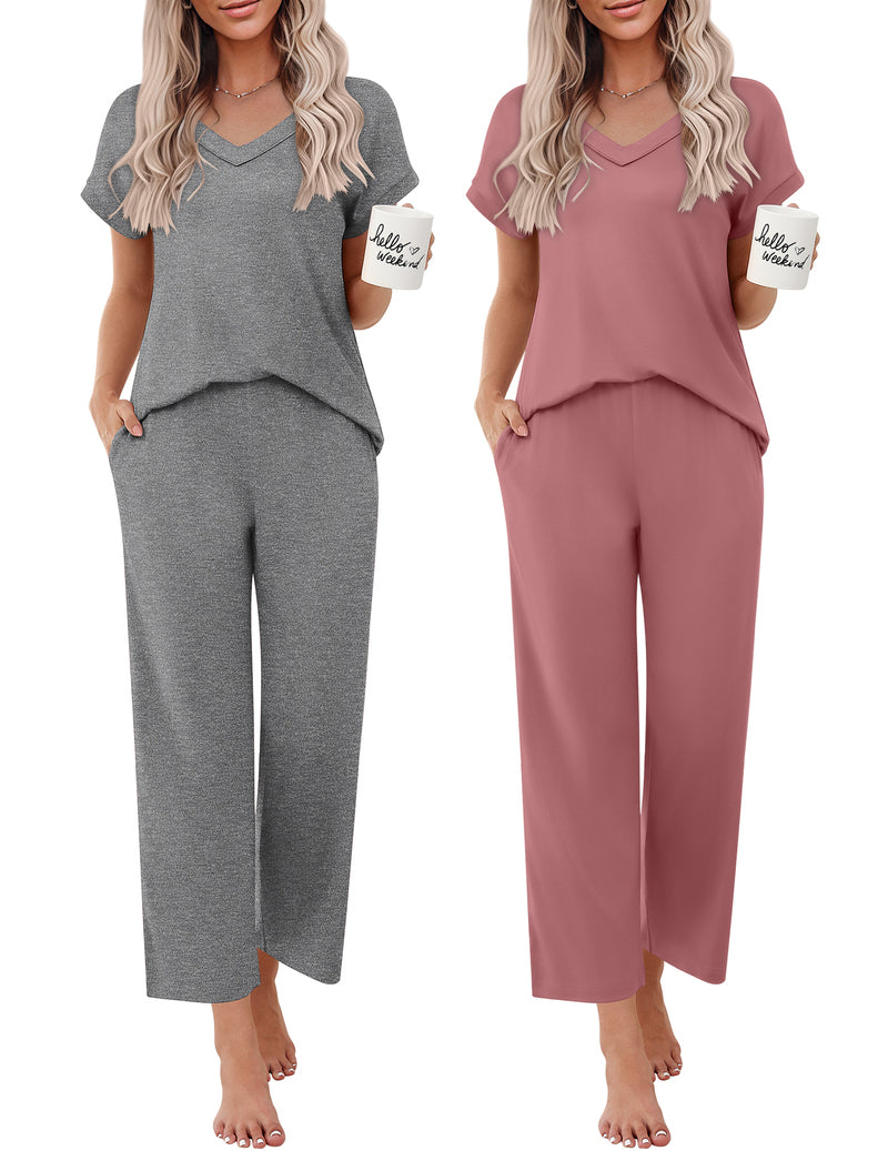 Two women’s short-sleeve V-neck pajama sets: heather gray and dusty rose solid