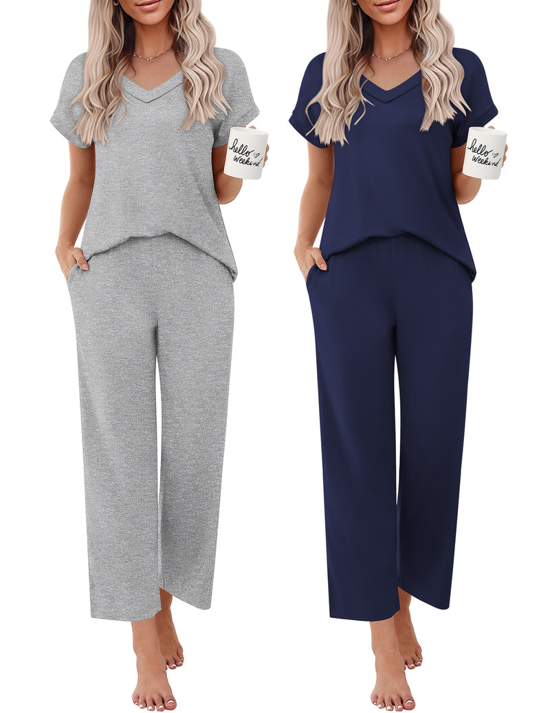 2-piece short-sleeve V-neck pajama lounge set in heather gray and navy