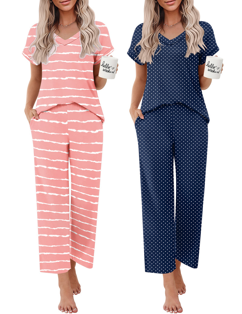 2-piece short-sleeve V-neck pajama lounge set with pink stripe and navy dot prints