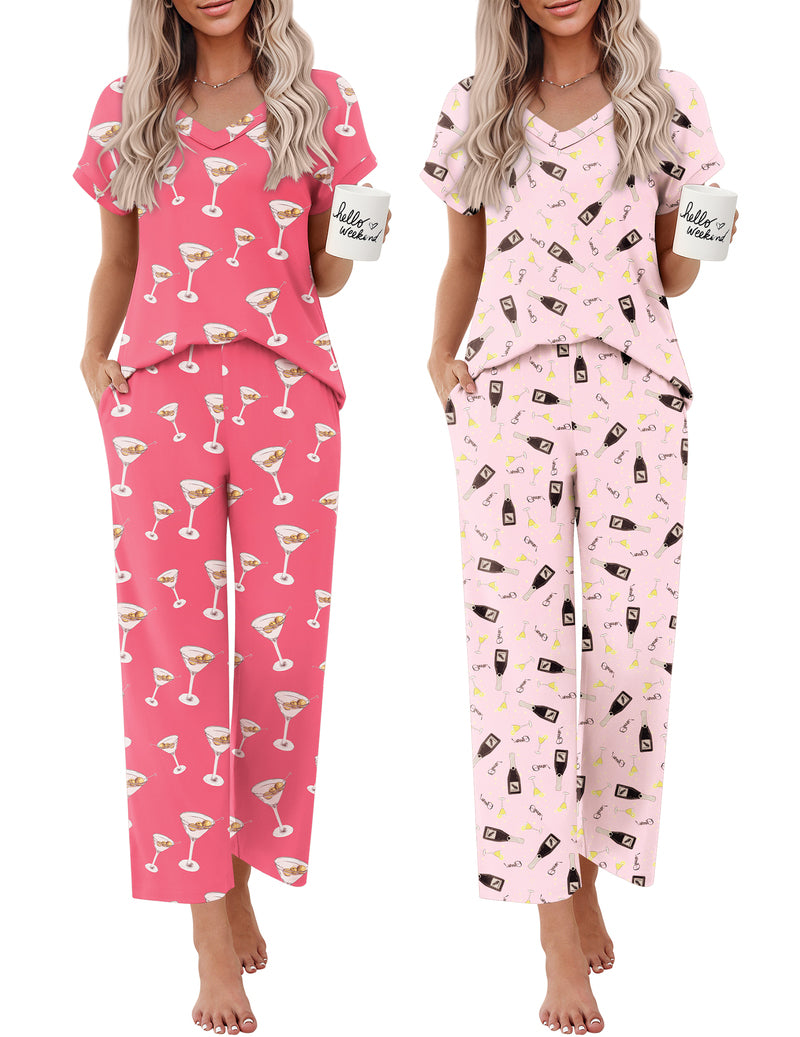 Two women’s short-sleeve V-neck pajama sets: pink drink print and light icon print