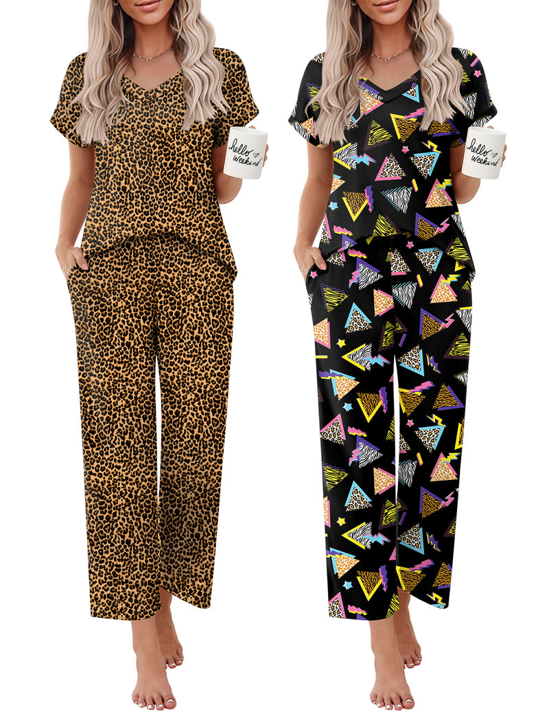 Two women’s short-sleeve V-neck pajama sets: leopard print and bold multicolor geometric