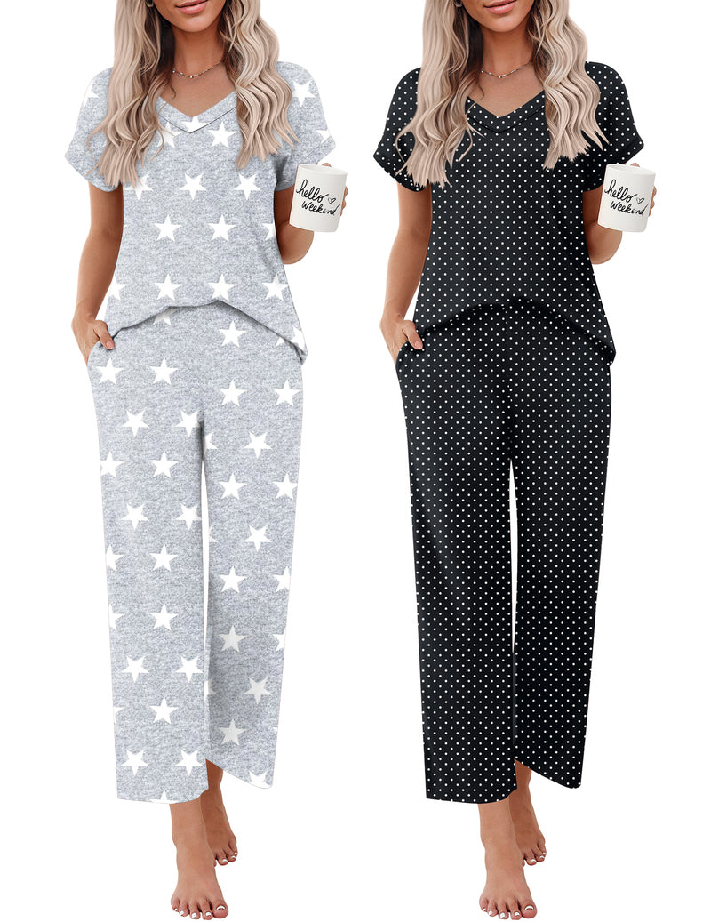 Two women’s short-sleeve V-neck pajama sets: light gray star print and black dot print