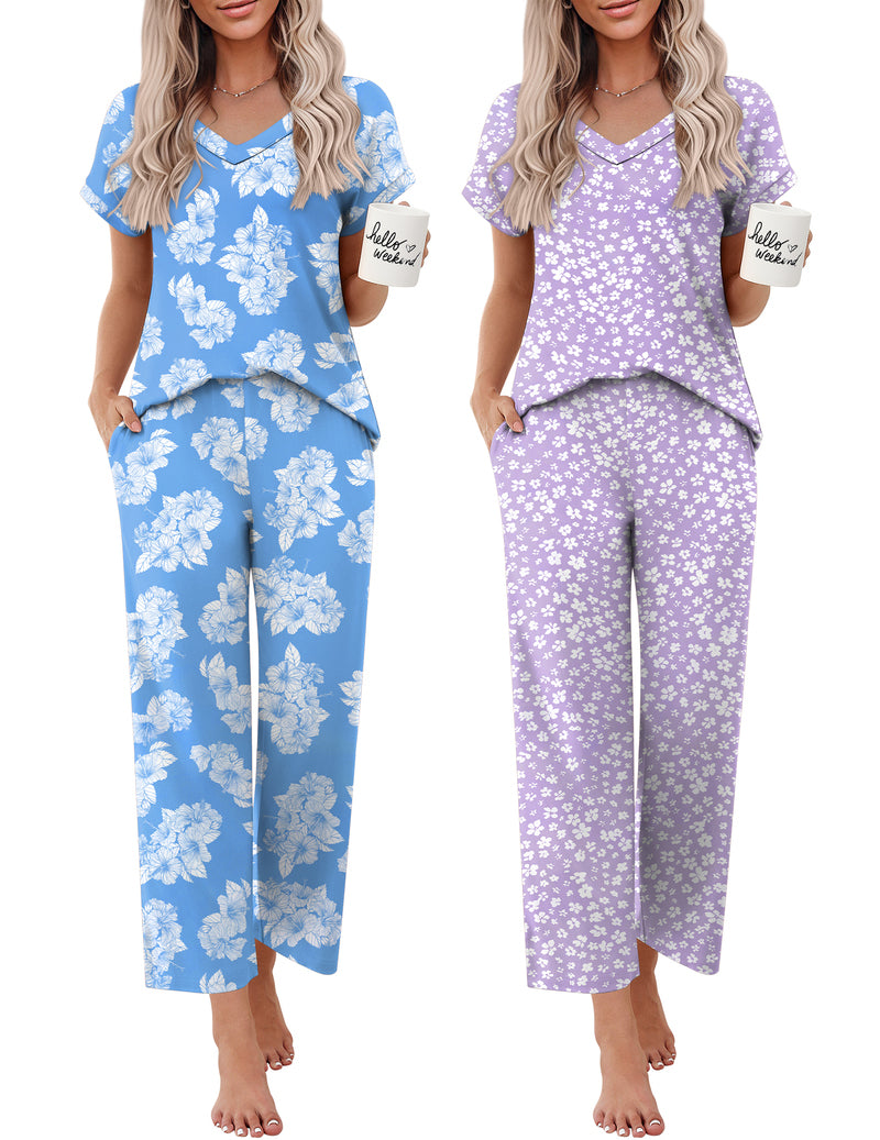 Two women’s short-sleeve V-neck pajama sets: blue floral print and lavender floral print