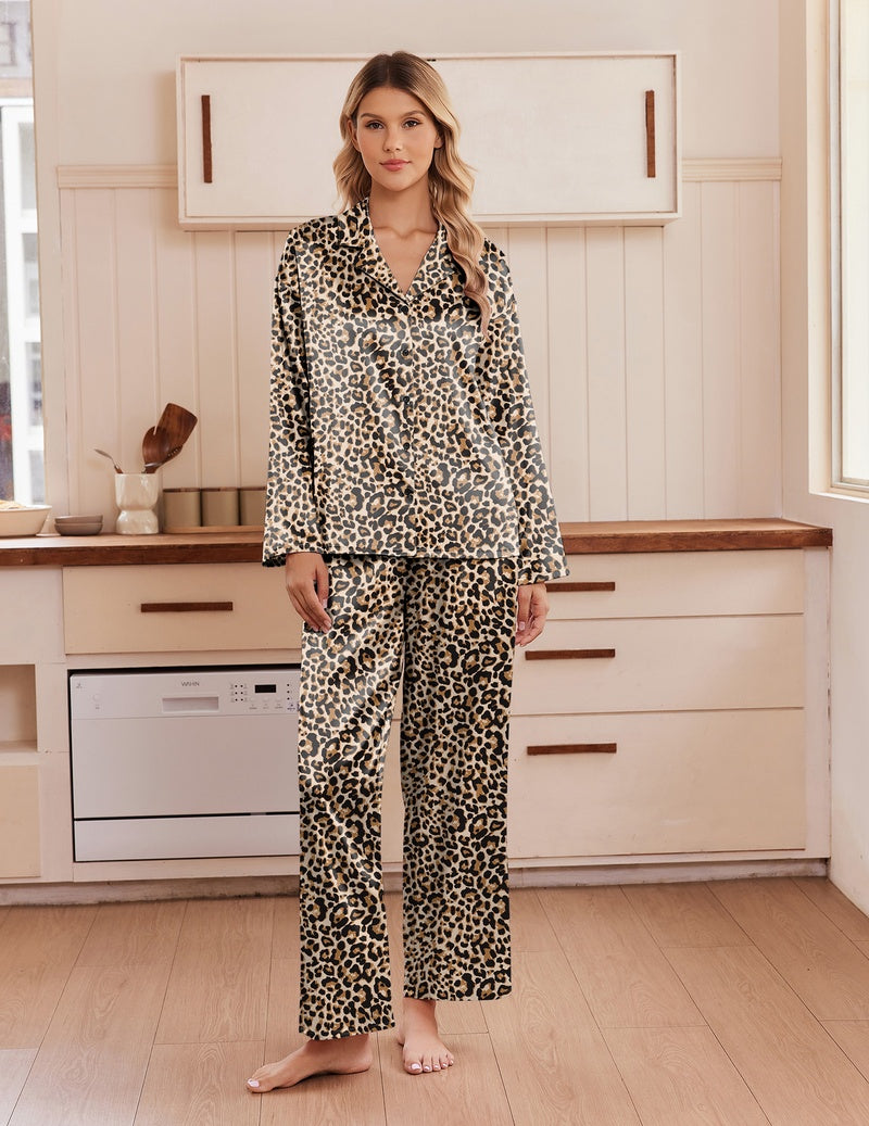 Leopard print satin pajama set, button-up notch collar top with long sleeves and wide pants