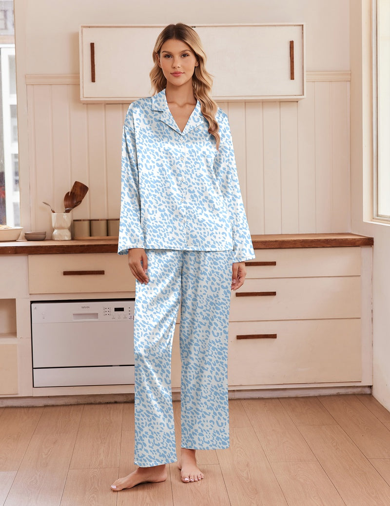 Blue patterned satin pajama set with notch collar, button-up long sleeves and wide-leg pants
