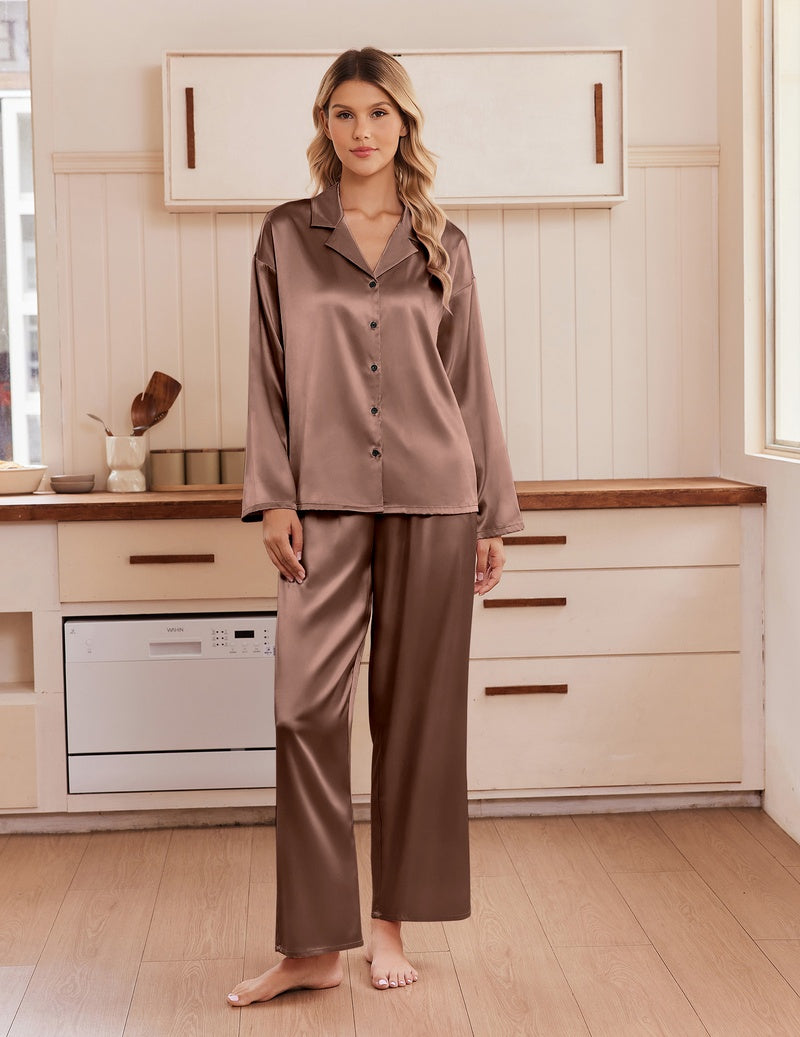 Taupe satin notch-collar button-up pajama set with long sleeves and matching wide-leg pants