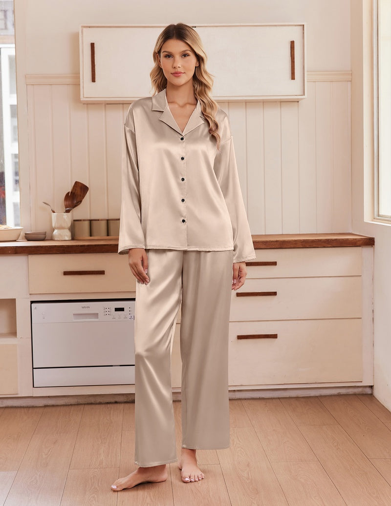 Beige satin notch-collar button-up pajama set with long sleeves and matching wide-leg pants