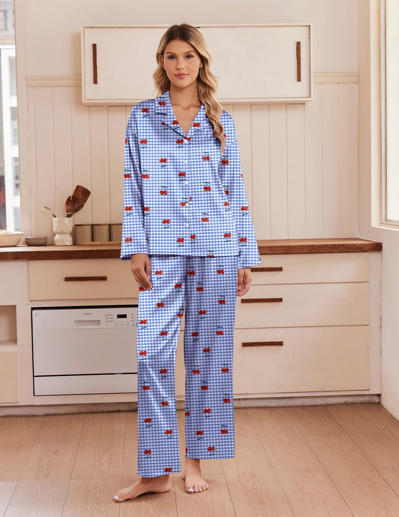 Blue plaid satin pajama set with notch collar, button front, and long-sleeve matching pants