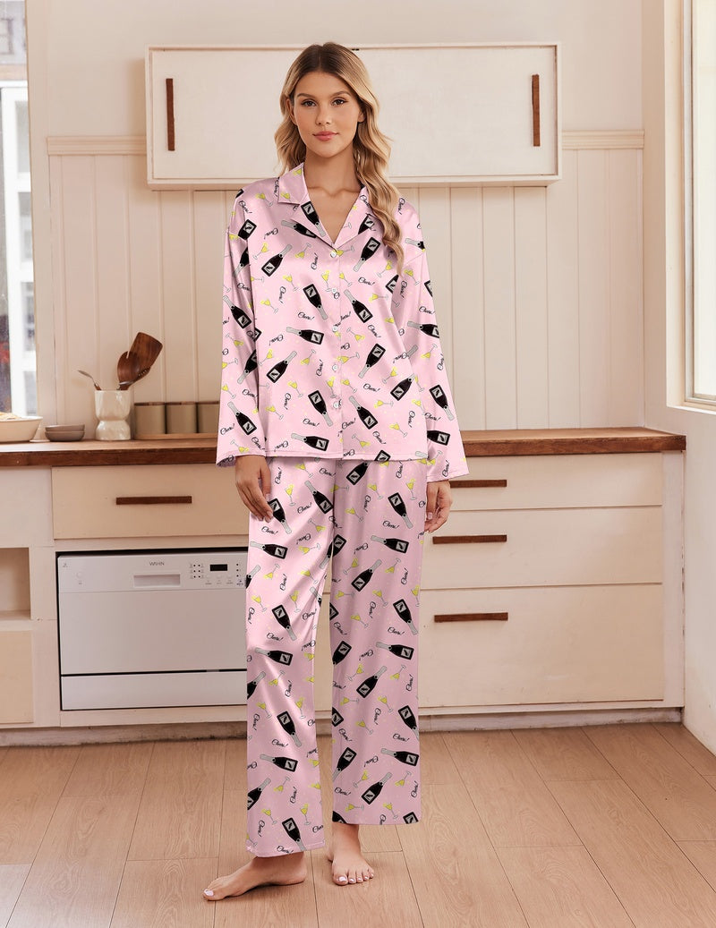 Light purple satin pajama set with notch collar, button front, and long-sleeve matching pants