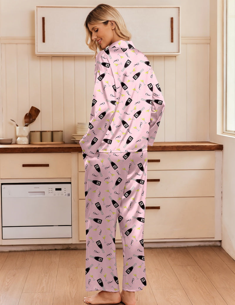 Light purple satin pajama set shown from the side/back with notch collar and matching pants