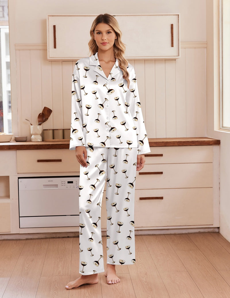 White satin pajama set with notch collar, long sleeves, button front, and matching pants