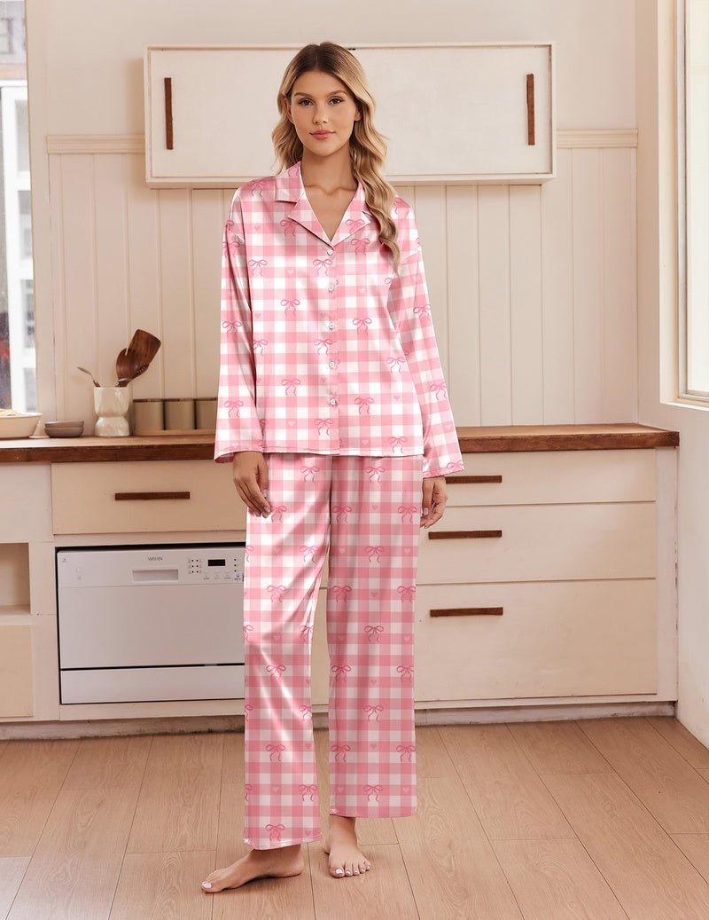 Pink plaid satin pajama set with notch collar, long sleeves, button front, and matching pants