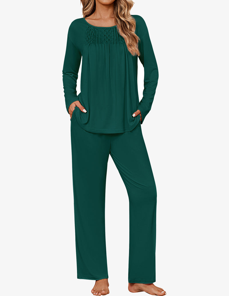 Long Sleeve Pleated Pjs Sets Comfy 2 Piece Lounge Set
