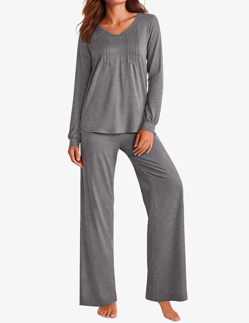 Long Sleeve Pleated V Neck Sleepwear with Pockets