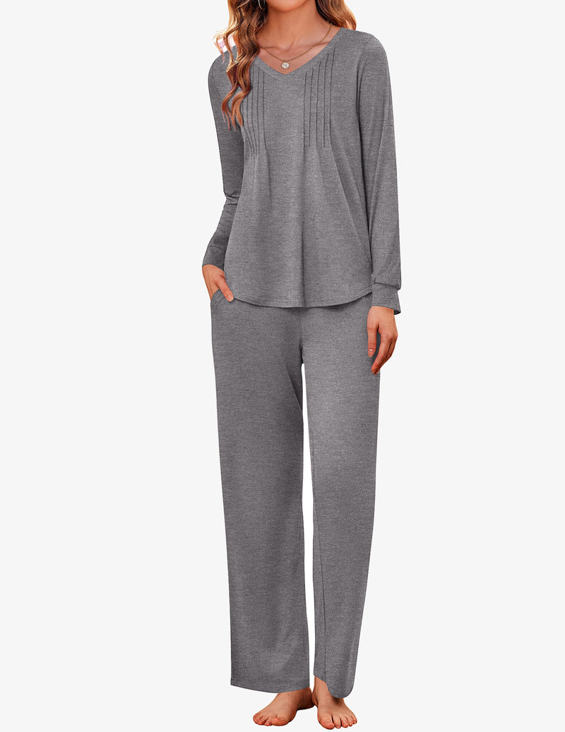 Long Sleeve Pleated V Neck Sleepwear with Pockets