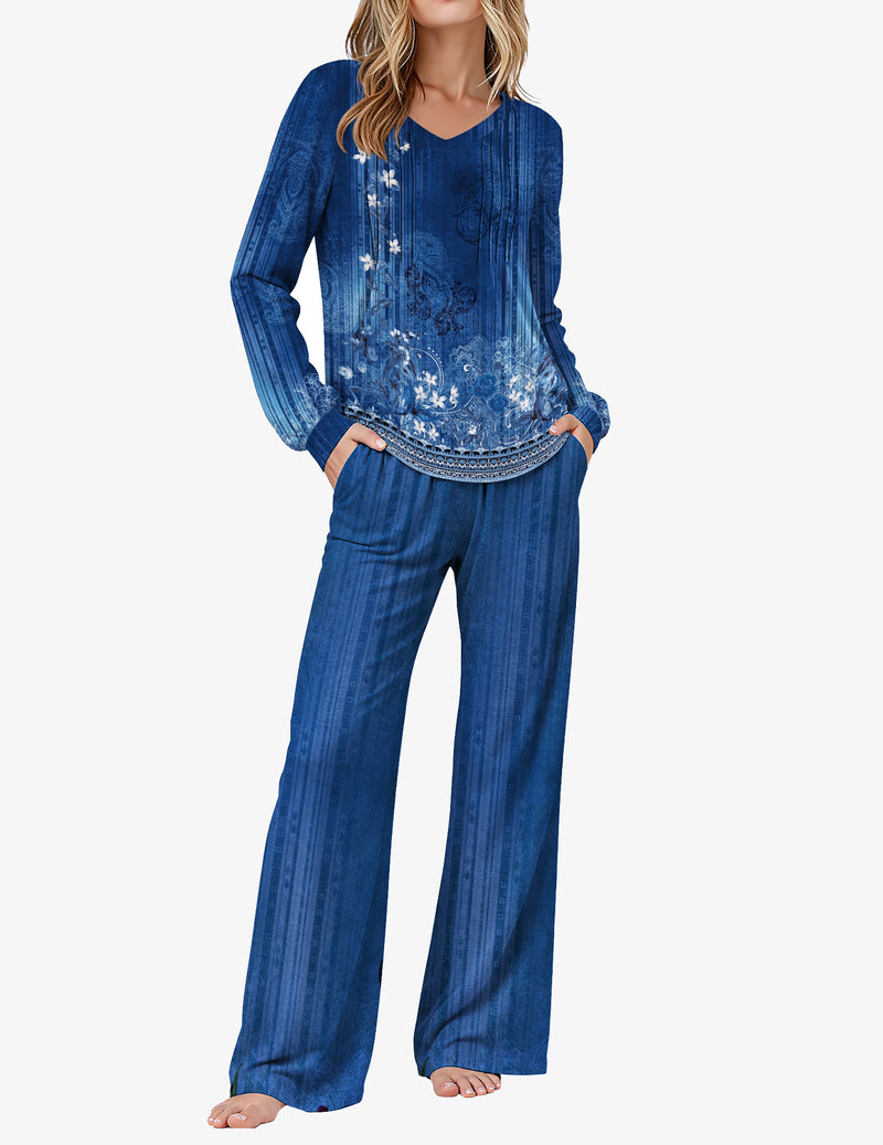 Long Sleeve Pleated V Neck Sleepwear with Pockets