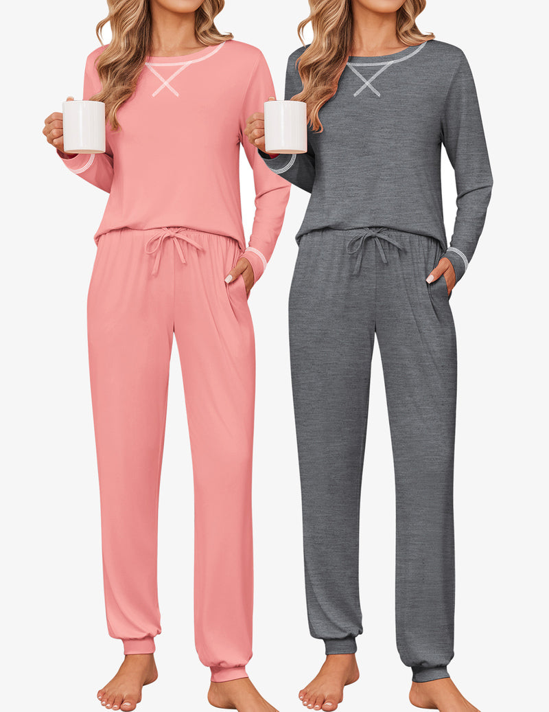2 Pack Pajama Sets Jogger Pants Pjs Long Sleeves Lounge Set