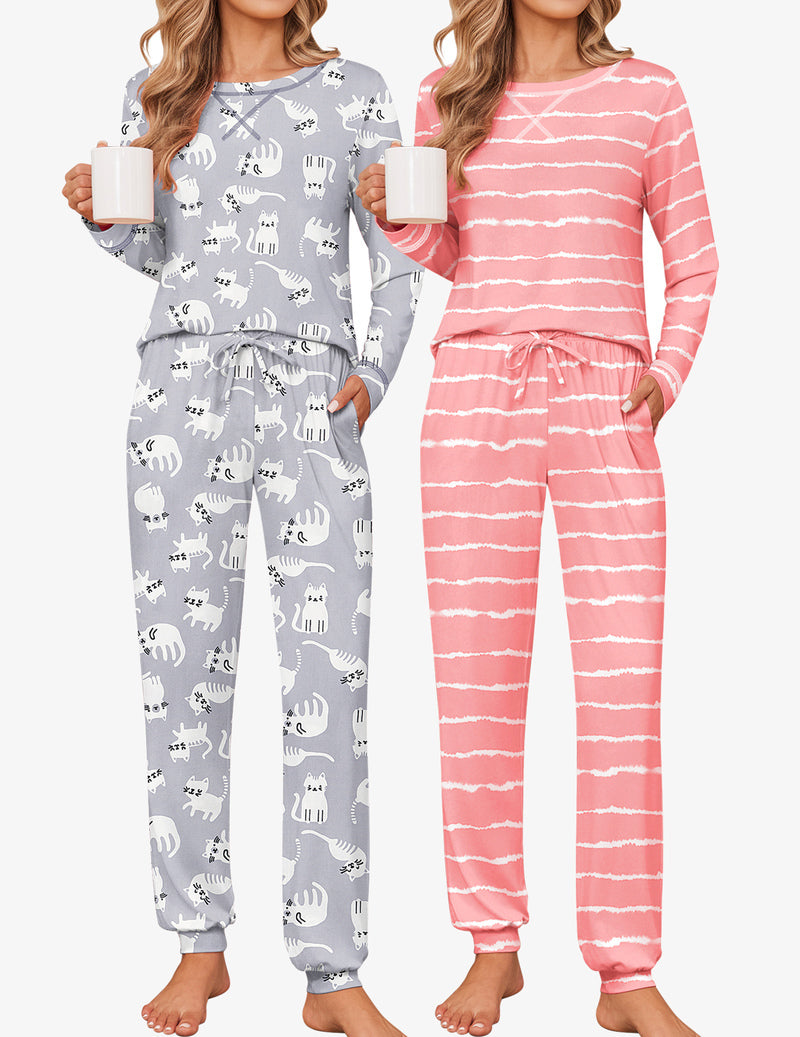 2 Pack Pajama Sets Jogger Pants Pjs Long Sleeves Lounge Set