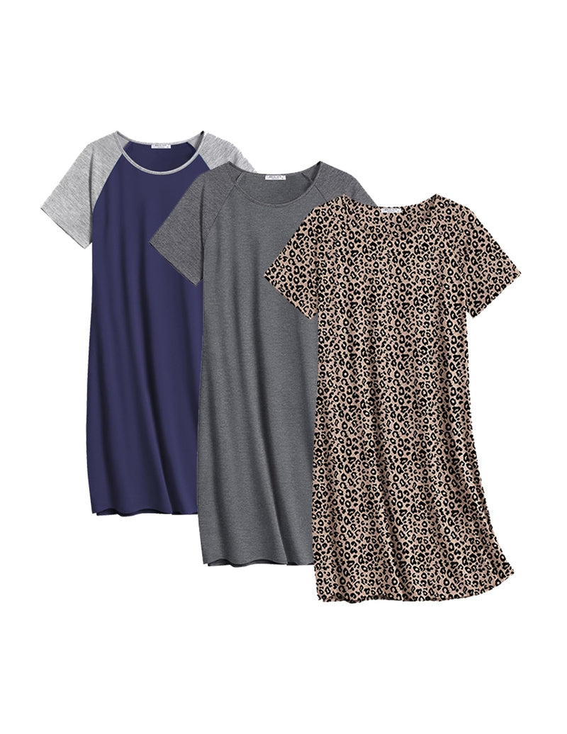Cotton nightgown 3-pack: dark blue, gray heather, and leopard print.
