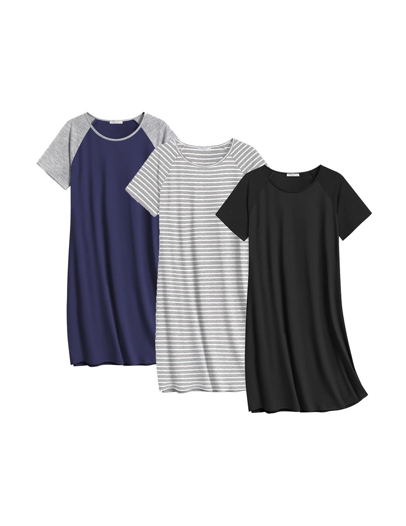 Cotton nightgown 3-pack: deep blue heather, white striped, and black.