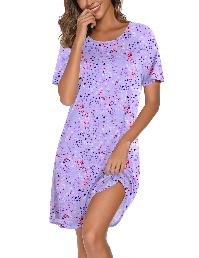 Short-sleeve cotton nightgown in lavender with multicolor speckle print, crew neck