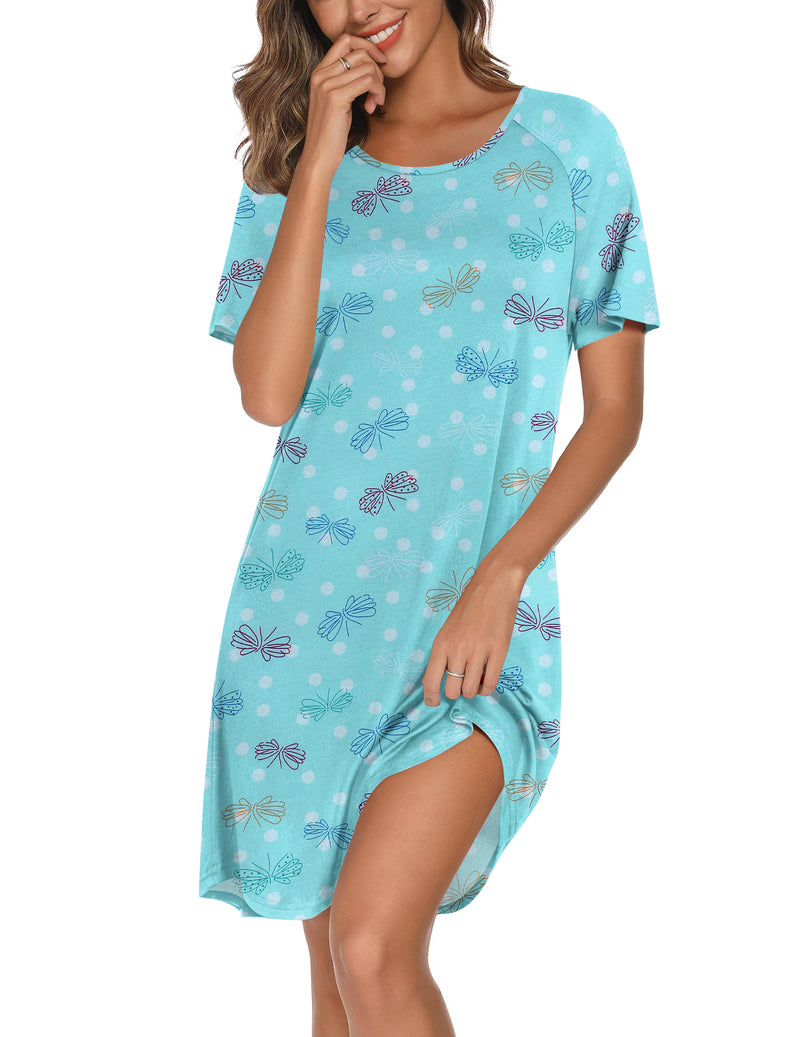 Cotton nightgown in aqua with bow-and-butterfly pattern, short sleeves.