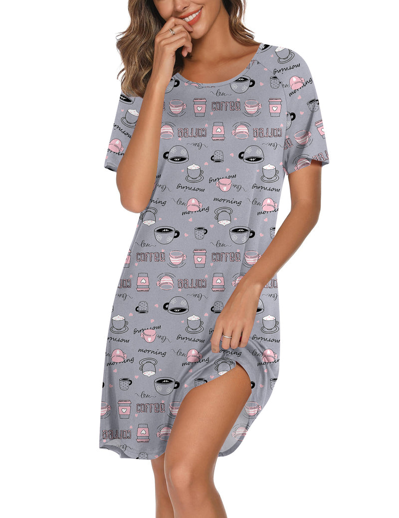 Short-sleeve cotton nightgown in gray with colorful cup-and-heart pattern, crew neck