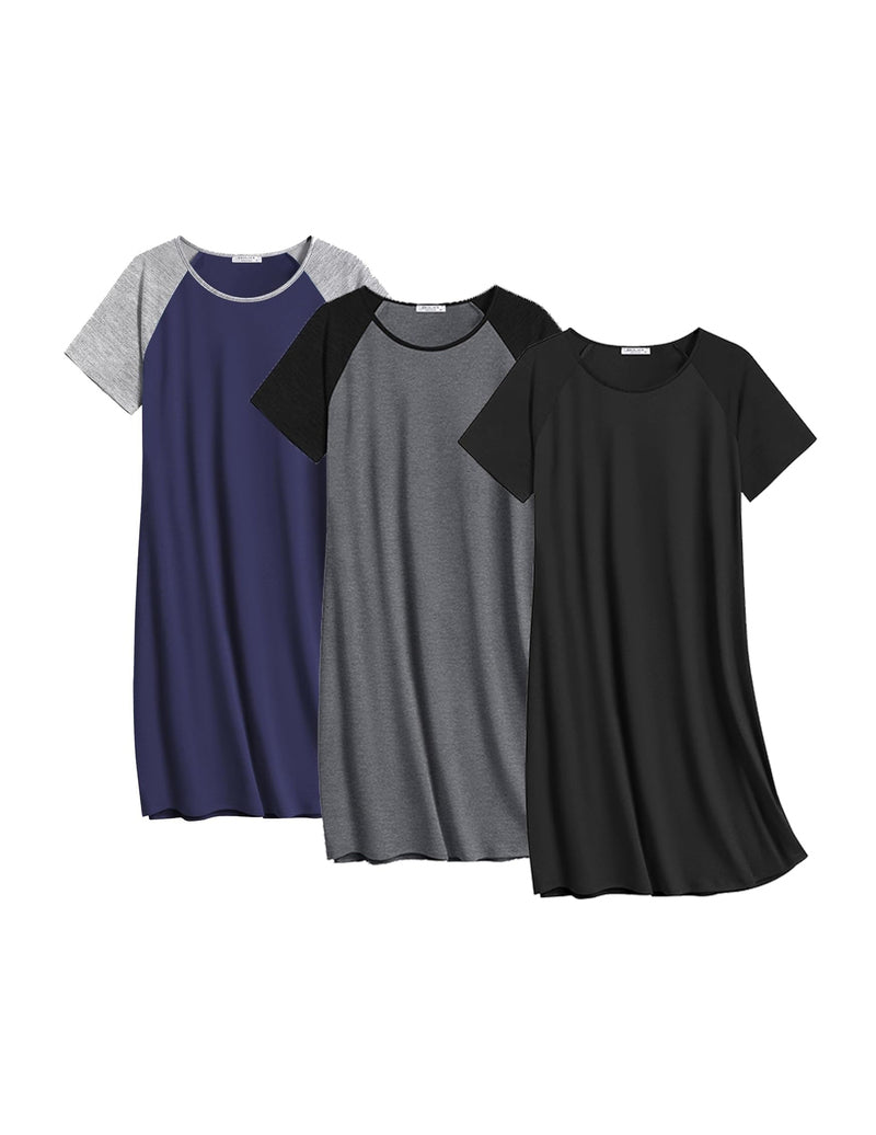 Cotton nightgown 3-pack: deep blue heather, gray heather, and black.