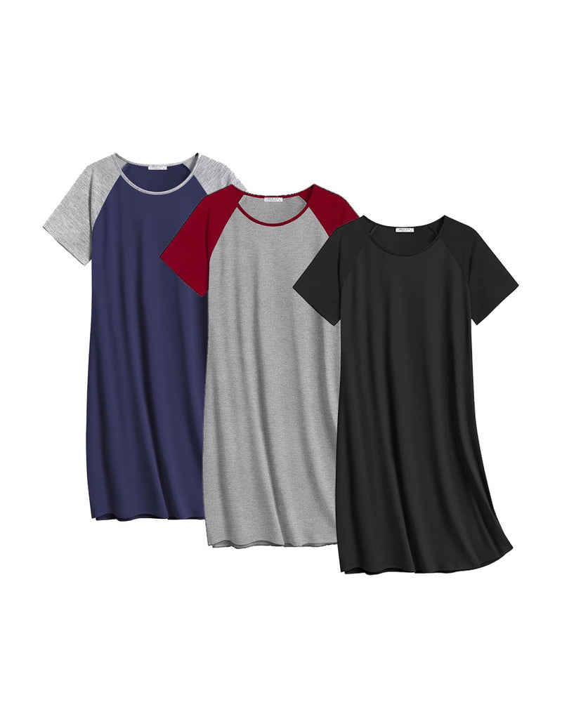 Cotton nightgown 3-pack: deep blue heather, gray with red raglan, and black.