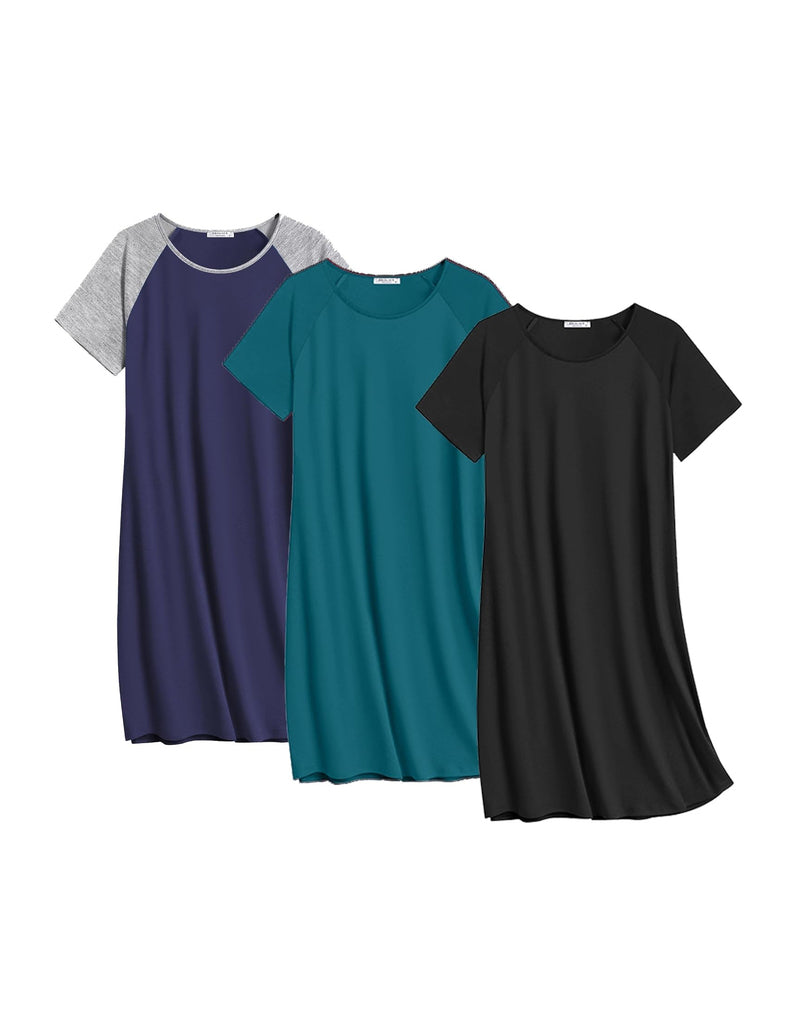 Cotton nightgown 3-pack: dark blue heather, teal, and black.