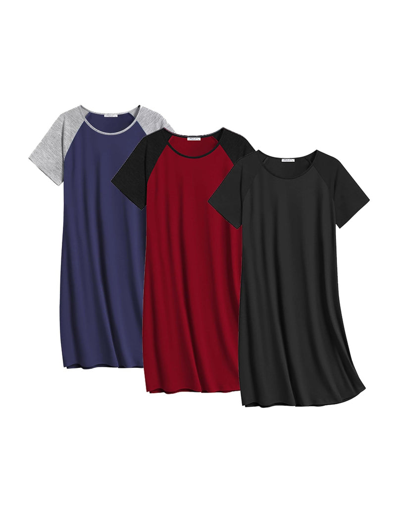 3-pack short-sleeve cotton nightgowns: navy, red, and dark gray/black crew neck
