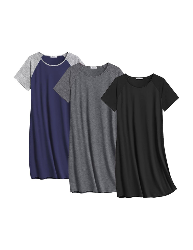 Cotton nightgown 3-pack: deep blue heather, gray heather, and black.