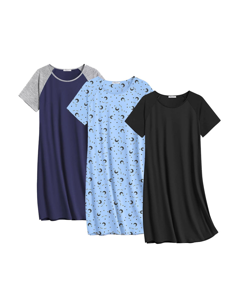 3-pack short-sleeve cotton nightgowns: light blue print, purple/navy, and black crew neck