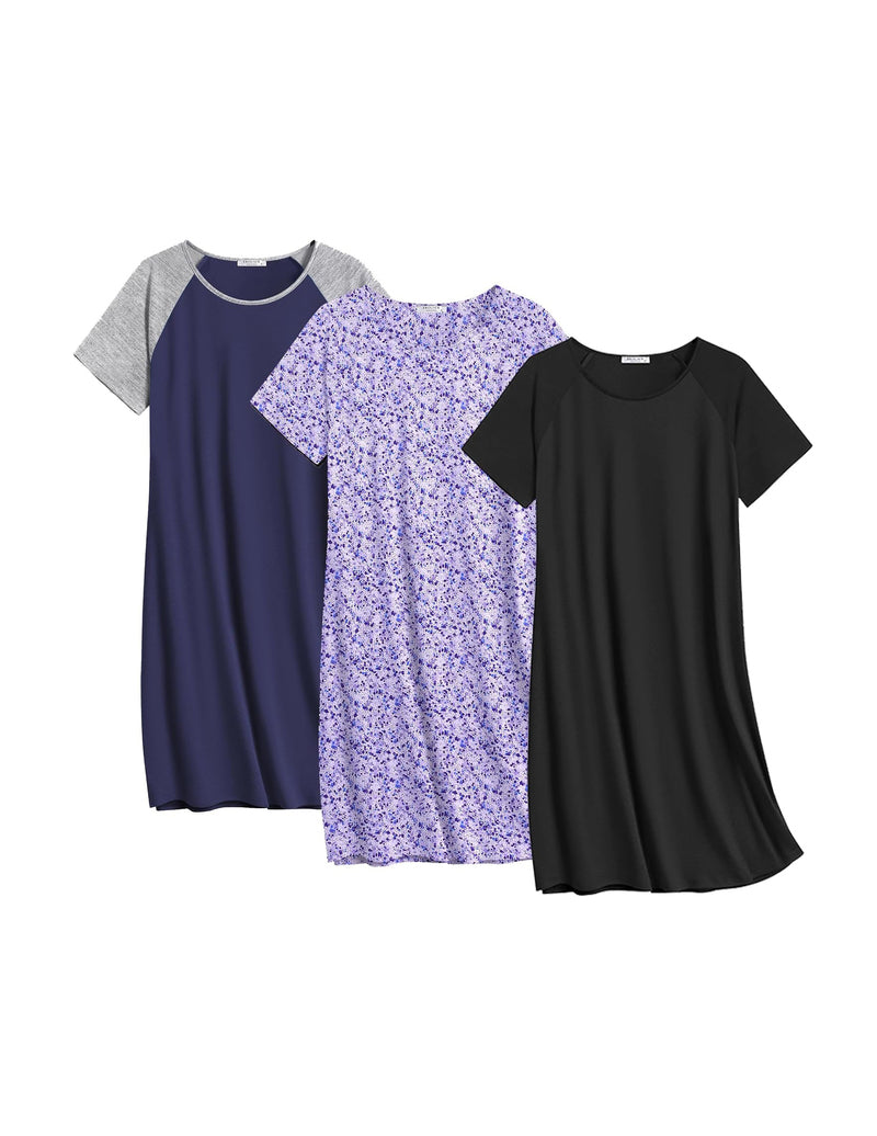3-pack short-sleeve cotton nightgowns: lavender floral, deep navy solid, and black crew neck