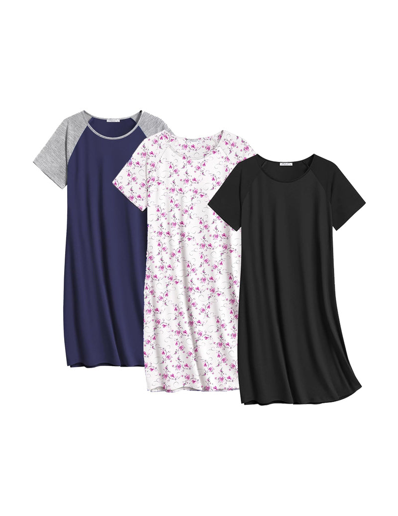 3-pack short-sleeve cotton nightgowns: white with pink floral, deep navy, and black crew neck