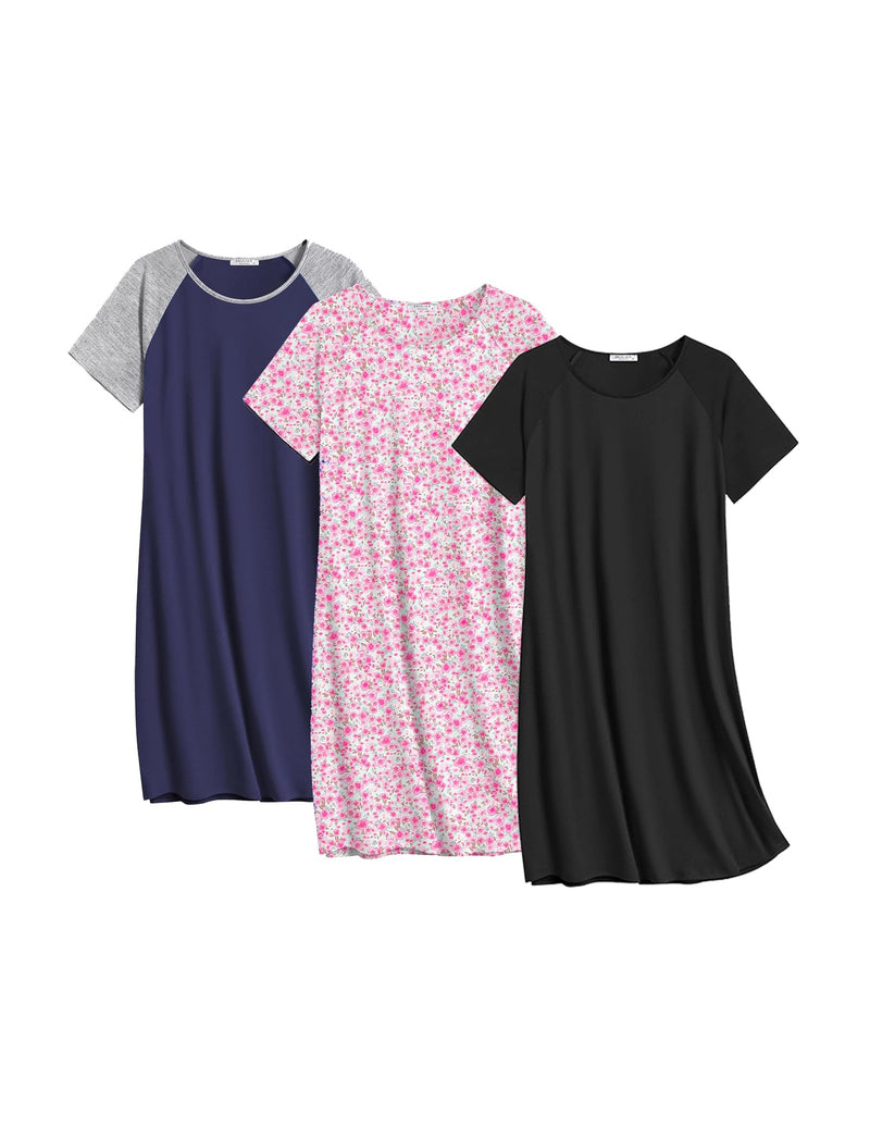 3-pack short-sleeve cotton nightgowns: pink floral print, deep navy solid, and black crew neck