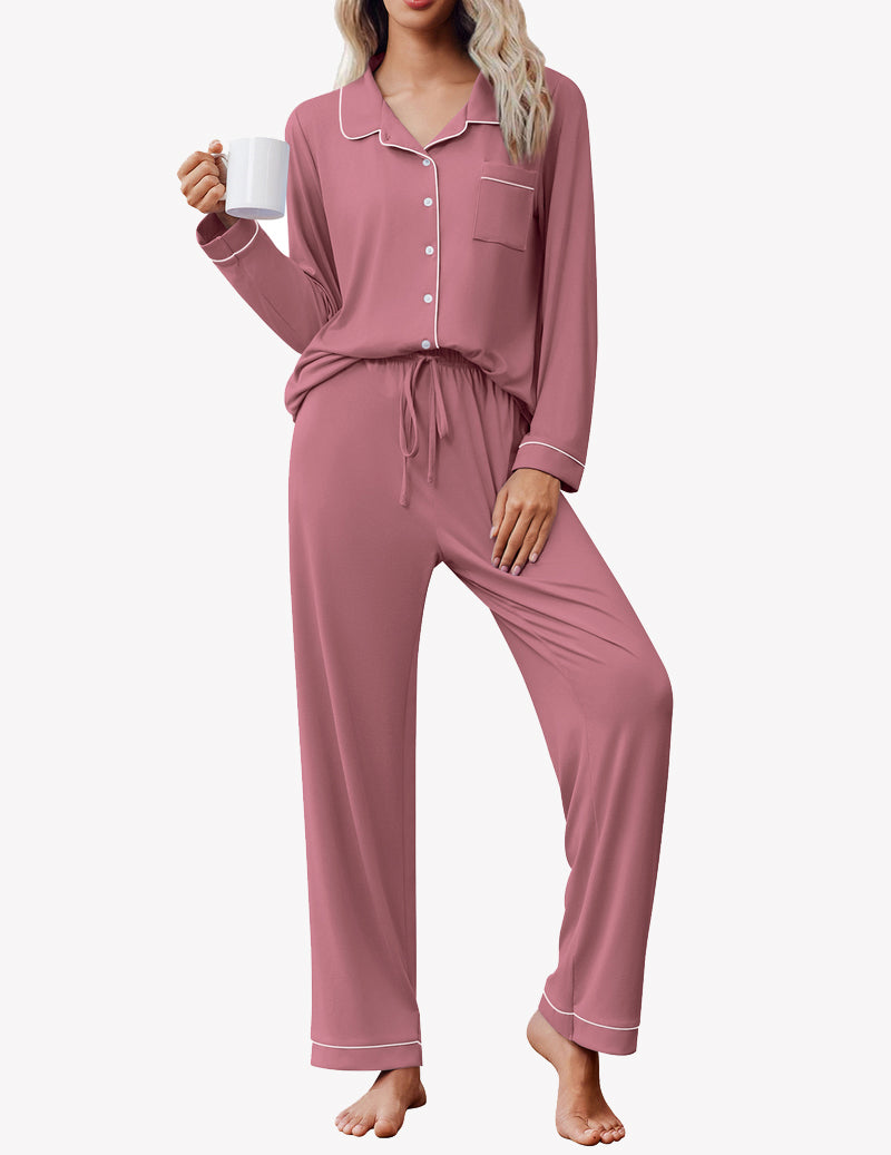 Long Sleeve Button Down Sleepwear Soft Pjs Lounge Sets
