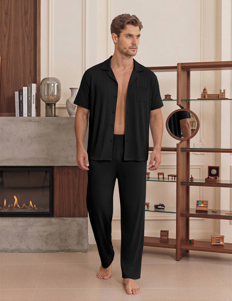 Ekouaer Mens Classic Button-Down Short Sleeve Pajamas Long Pants Set