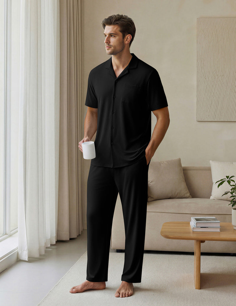 Ekouaer Mens Classic Button-Down Short Sleeve Pajamas Long Pants Set