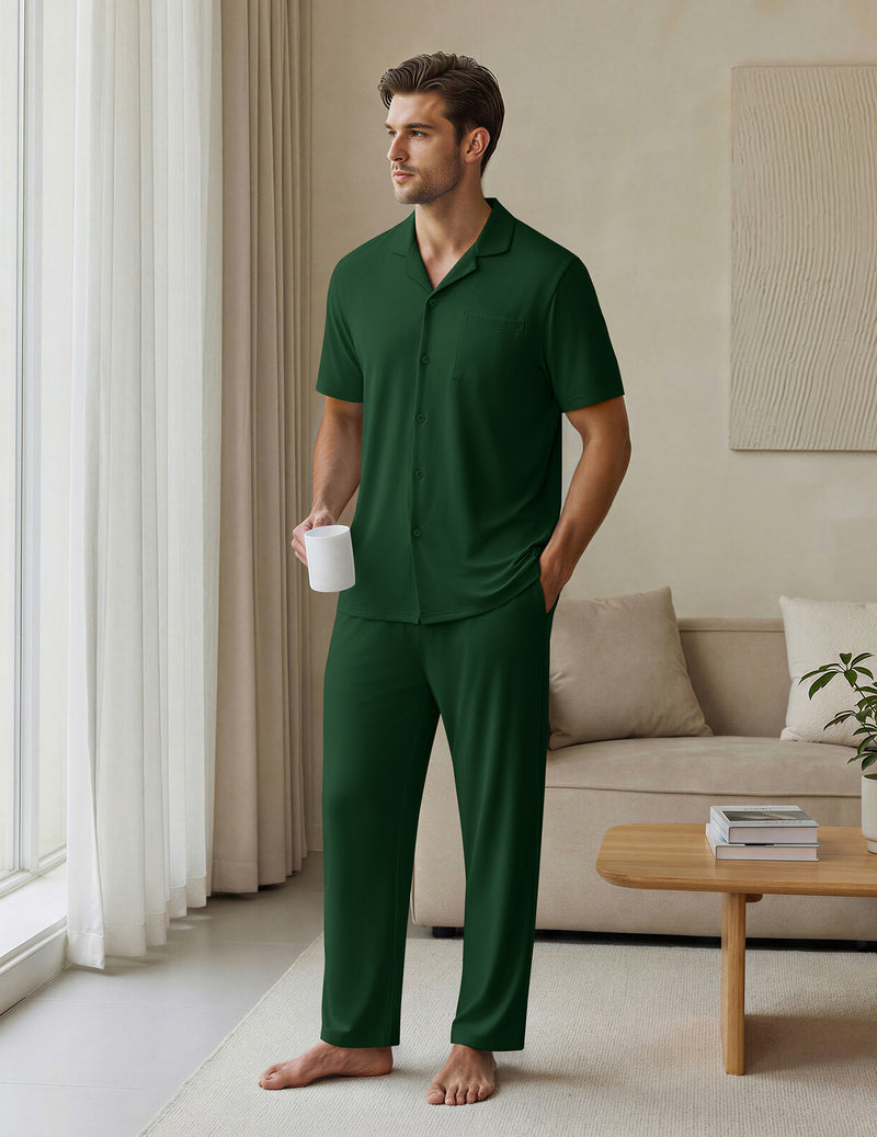 Ekouaer Mens Classic Button-Down Short Sleeve Pajamas Long Pants Set