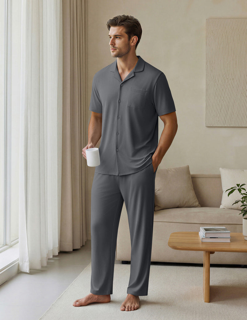 Ekouaer Mens Classic Button-Down Short Sleeve Pajamas Long Pants Set