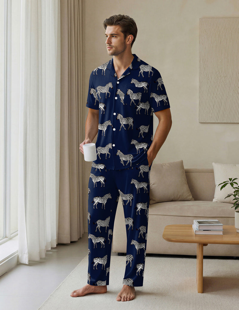 Ekouaer Mens Classic Button-Down Short Sleeve Pajamas Long Pants Set