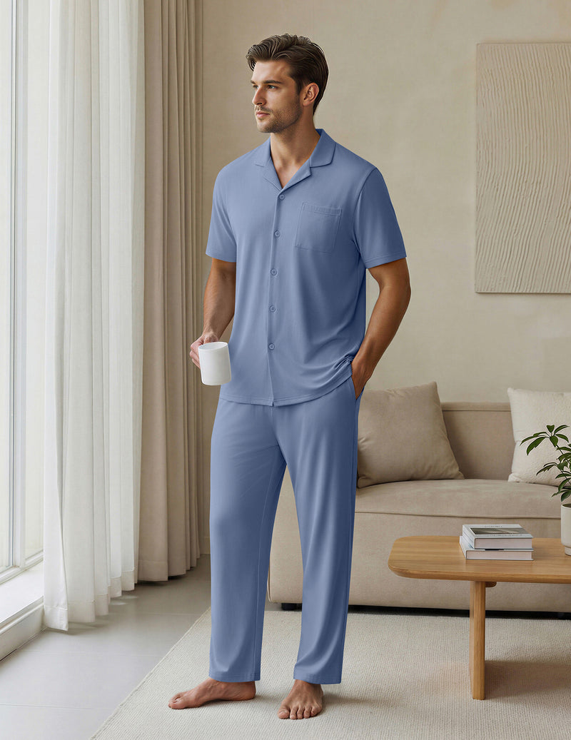 Ekouaer Mens Classic Button-Down Short Sleeve Pajamas Long Pants Set