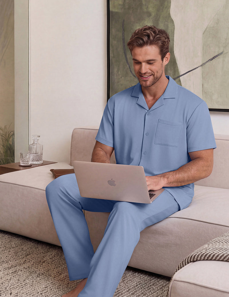Ekouaer Mens Classic Button-Down Short Sleeve Pajamas Long Pants Set