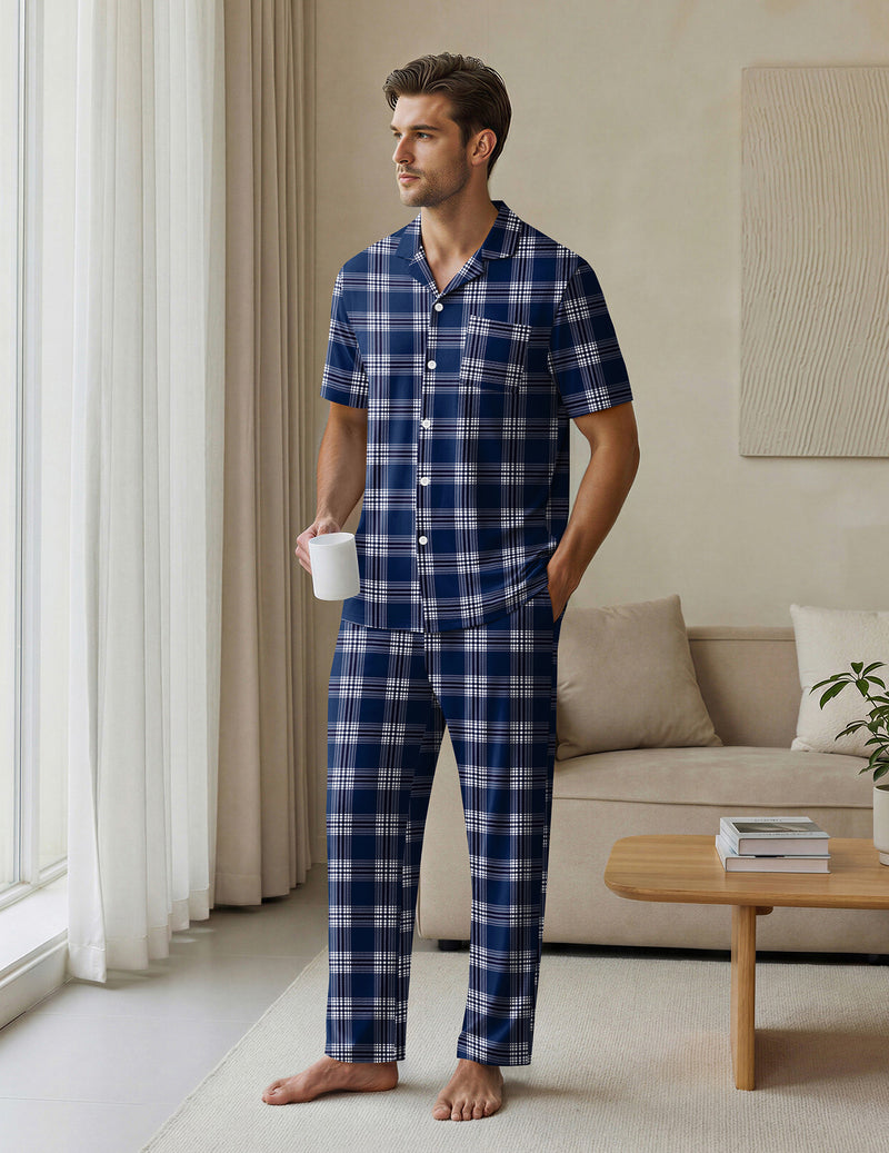 Ekouaer Mens Classic Button-Down Short Sleeve Pajamas Long Pants Set