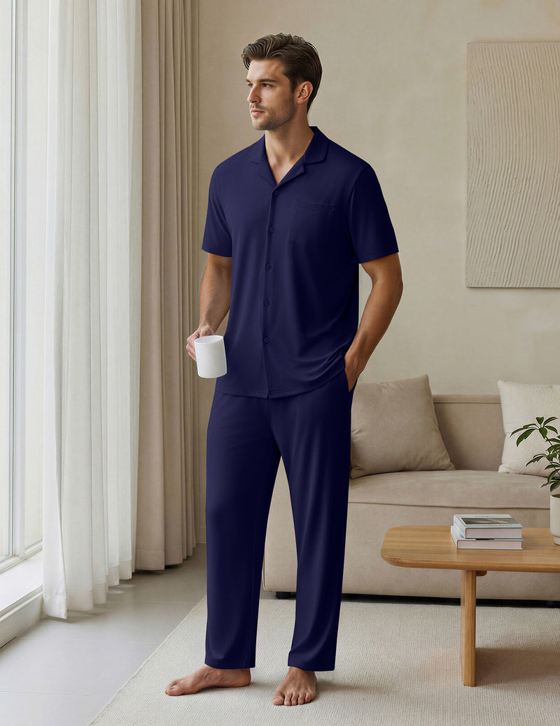 Ekouaer Mens Classic Button-Down Short Sleeve Pajamas Long Pants Set