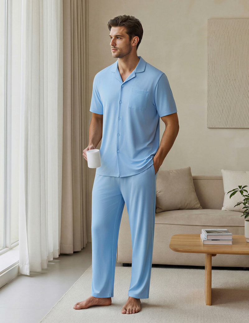 Ekouaer Mens Classic Button-Down Short Sleeve Pajamas Long Pants Set