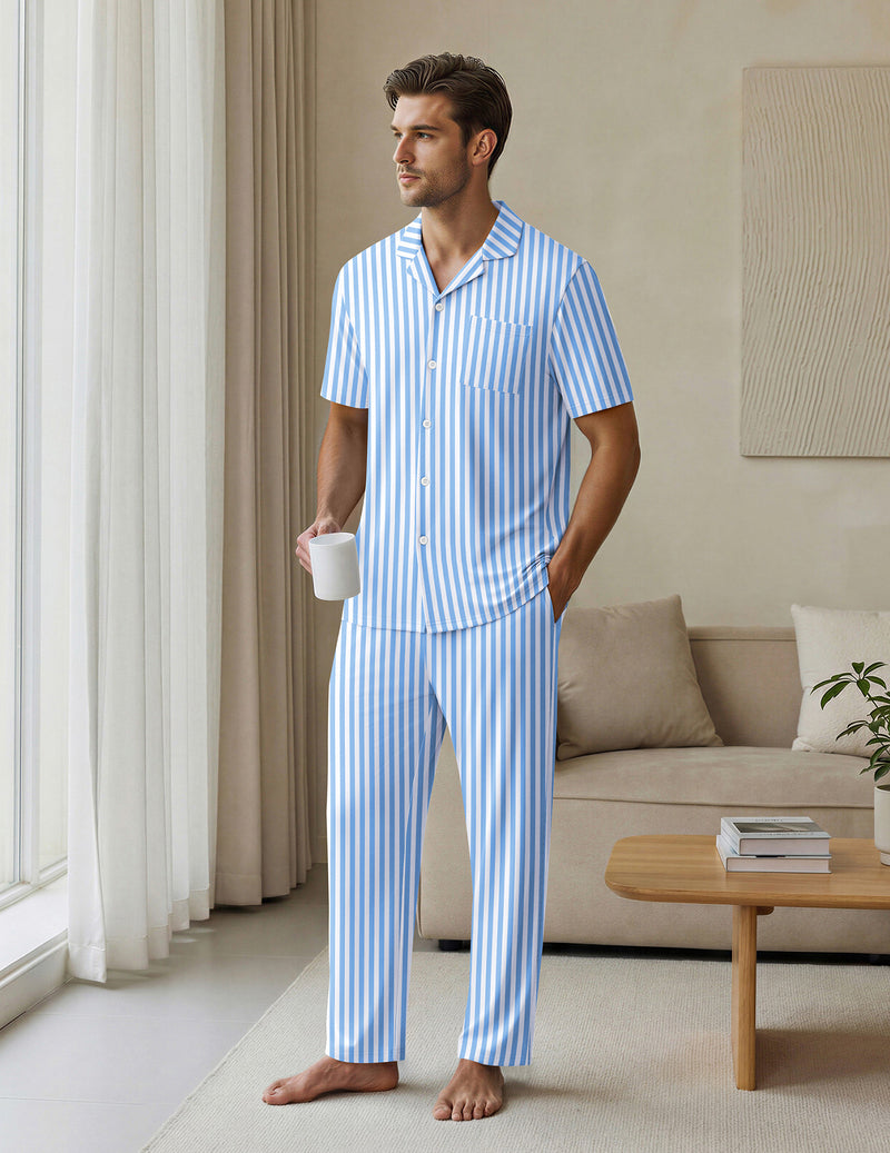 Ekouaer Mens Classic Button-Down Short Sleeve Pajamas Long Pants Set